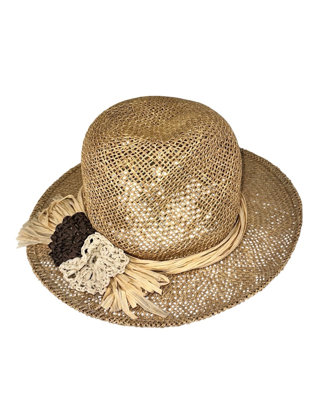 Vintage Jennifer Moore Italy Straw Hat Raffia Floral Boho Wide Brim Sun Hat